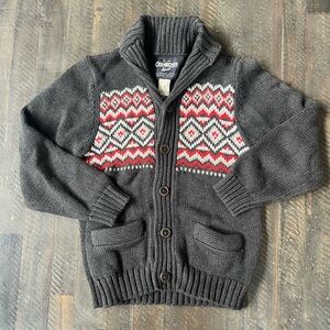 Oshkosh Bgosh Chunky Knit Argyle Cardigan Sweater Boys 7 Gray Fair Isle